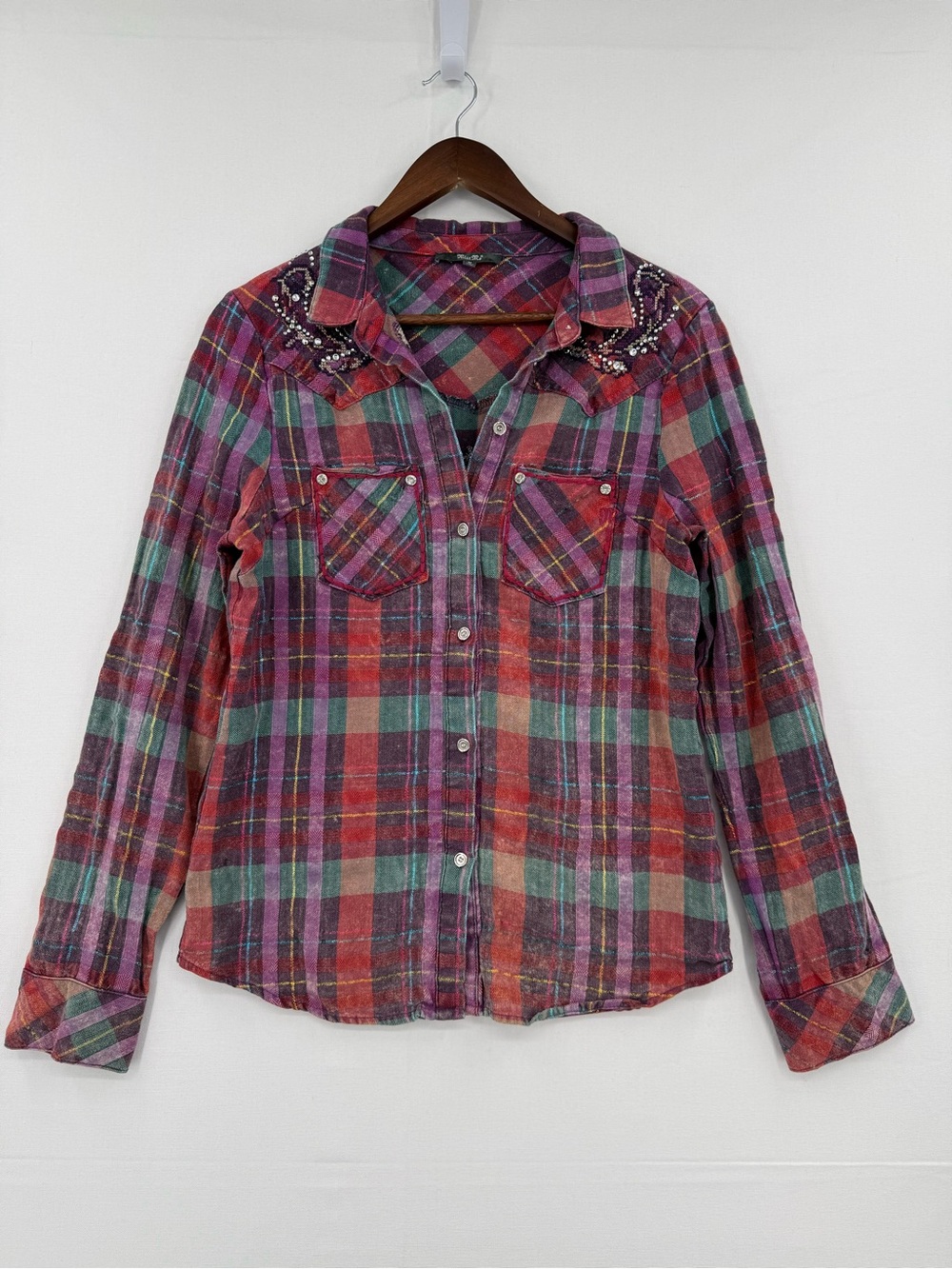 Miss Me Plaid Button Up Shirt Women’s M Western Boho Rhinestone Embellished